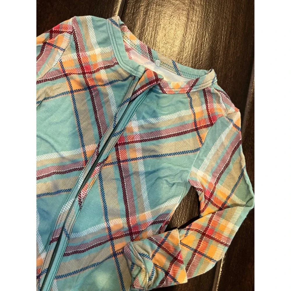 Posh Peanut Teal Orange Plaid Bamboo Viscose Zip Footie Pajama 0-3 Months